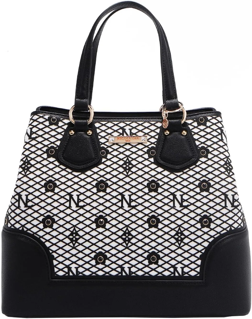 Nicole Lee Vegan Leather Tote, Floral Pattern with Rhinestones, Dual Handles