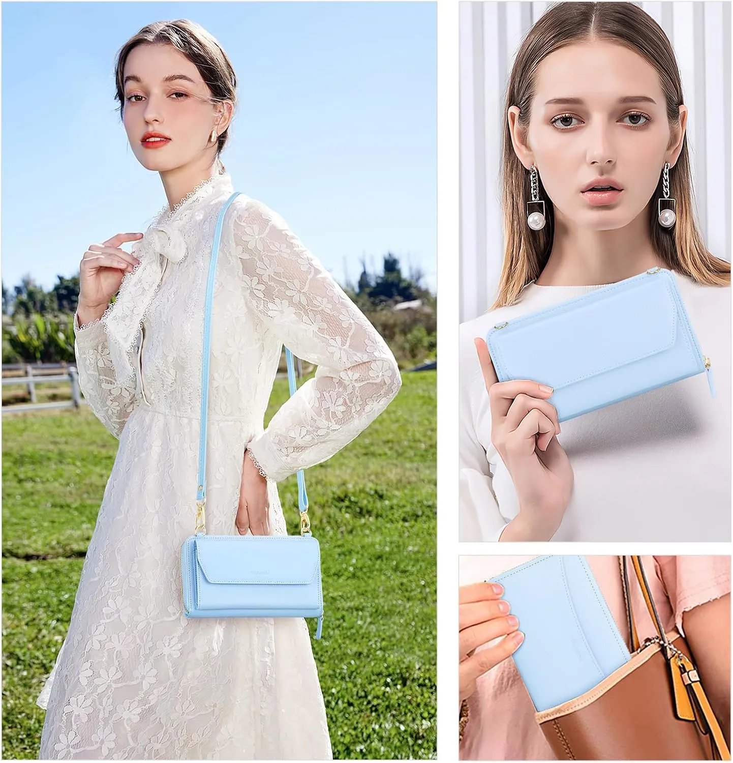 nuoku Womens RFID Wallet Purse Wristlet Crossbody Clutch with Zip Around 2 Strap