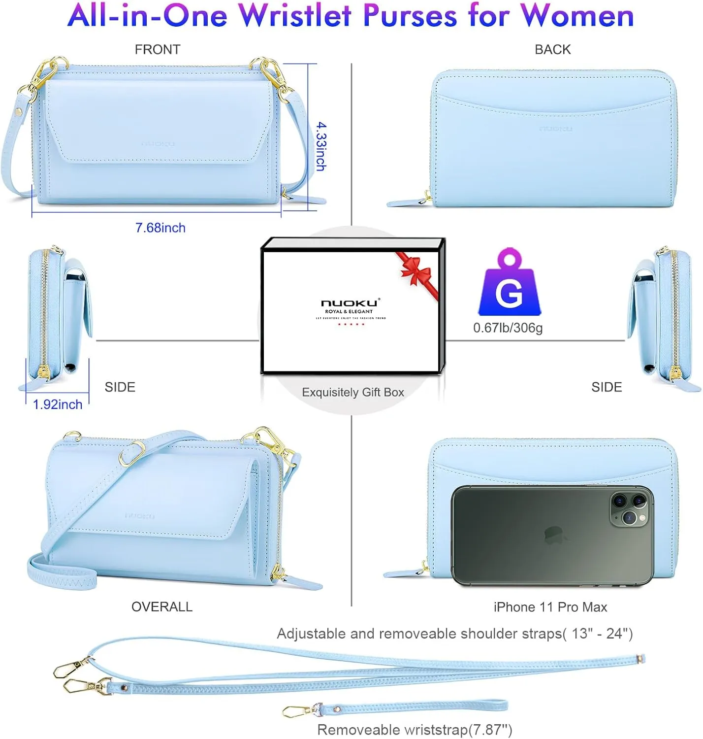 nuoku Womens RFID Wallet Purse Wristlet Crossbody Clutch with Zip Around 2 Strap