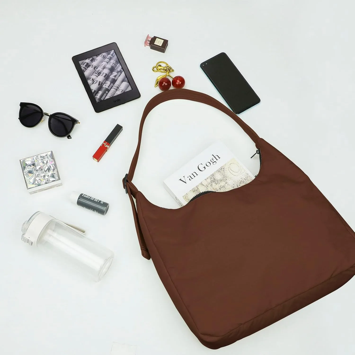 Nylon Shoulder Bag - Adjustable Quilted Strap, Structured Slouchy Design with Interior Zip Pocket
