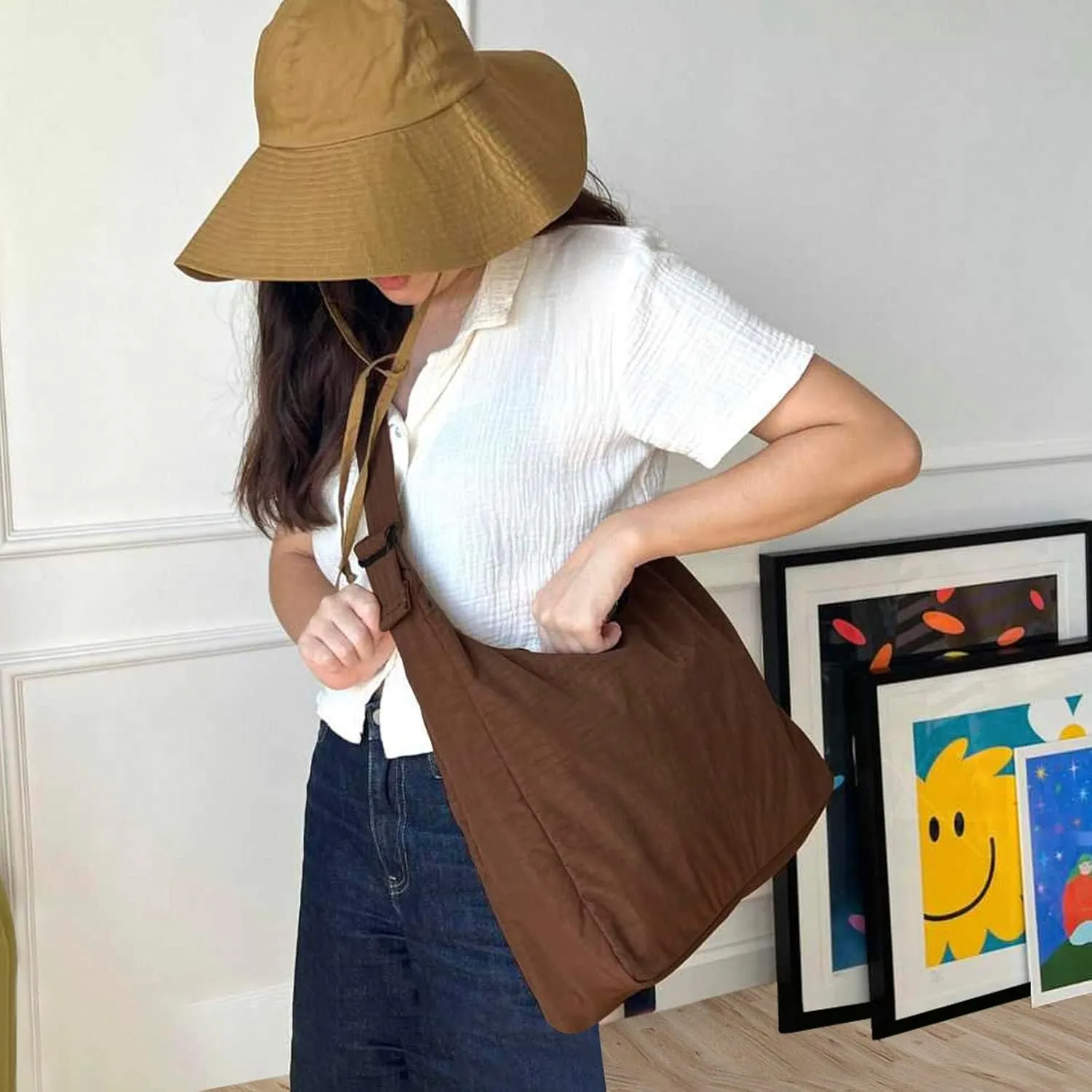 Nylon Shoulder Bag - Adjustable Quilted Strap, Structured Slouchy Design with Interior Zip Pocket