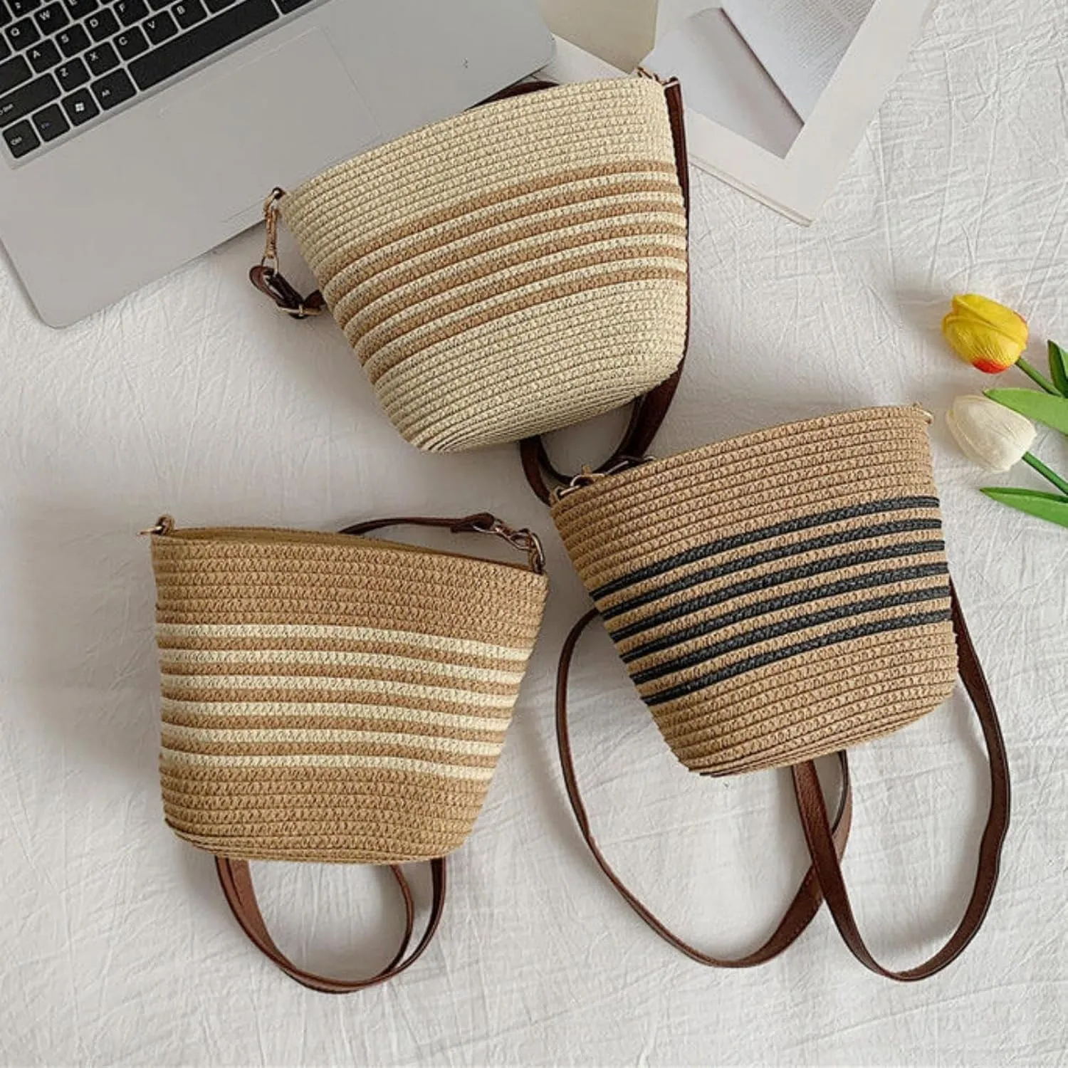 Obosoyo Summer Striped Straw Mini Bag Women 2025 Beach Resort Crossbody Purse Casual Versatile