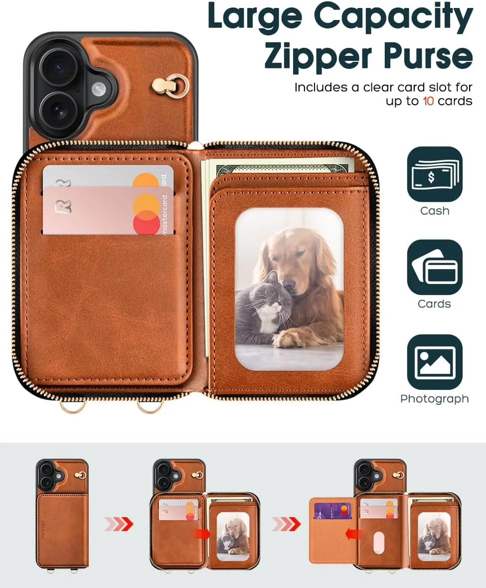 OCASE Compatible with iPhone 16 Crossbody Wallet Case with Card Holder, PU Leather Zipper Handbag Phone Purse with RFID Blocking Kickstand Wrist Strap Lanyard 6.1 Inch, Brown
