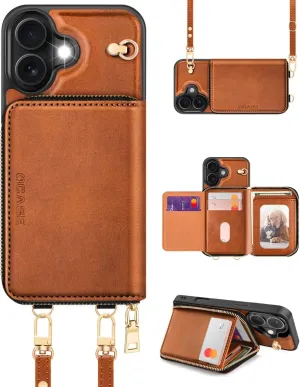 OCASE Compatible with iPhone 16 Crossbody Wallet Case with Card Holder, PU Leather Zipper Handbag Phone Purse with RFID Blocking Kickstand Wrist Strap Lanyard 6.1 Inch, Brown