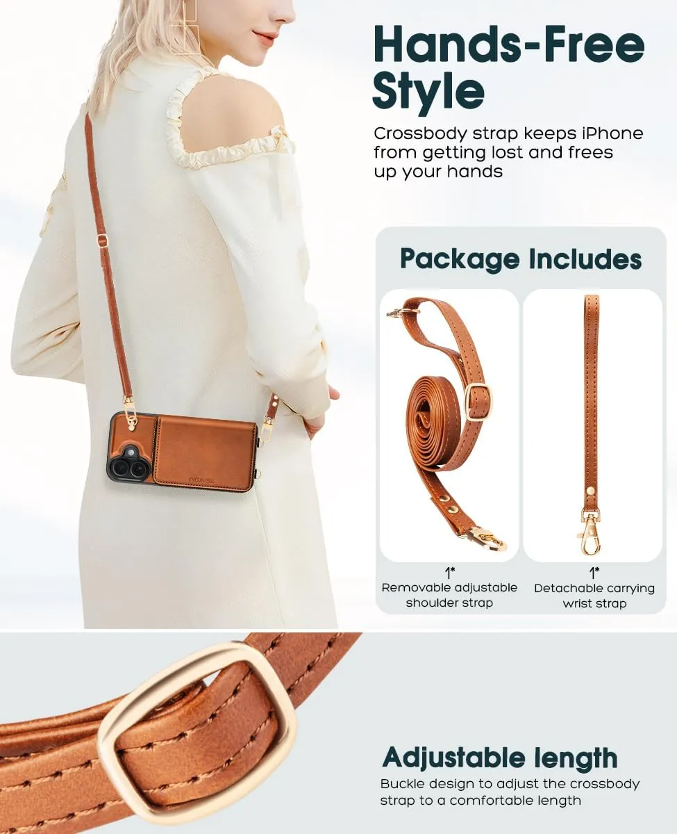 OCASE Compatible with iPhone 16 Crossbody Wallet Case with Card Holder, PU Leather Zipper Handbag Phone Purse with RFID Blocking Kickstand Wrist Strap Lanyard 6.1 Inch, Brown
