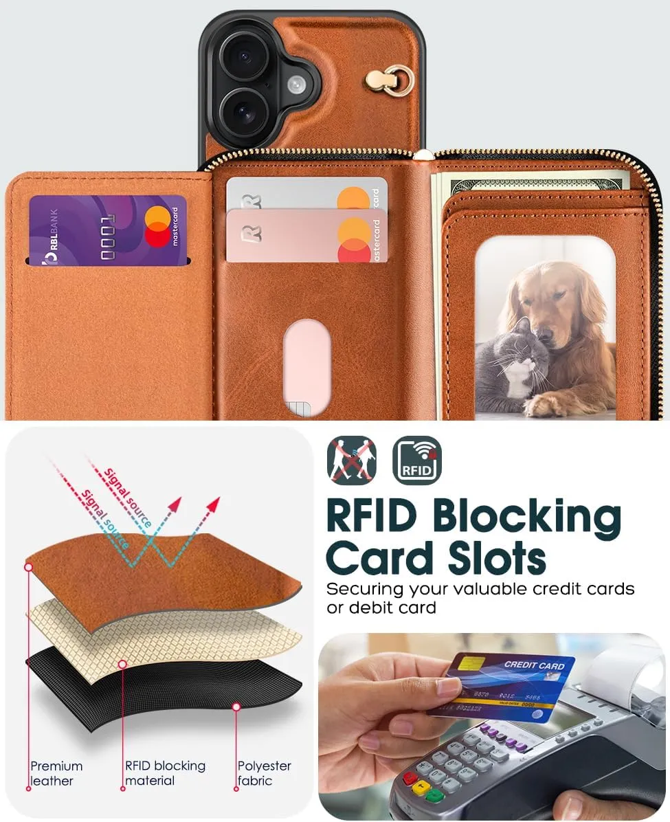 OCASE Compatible with iPhone 16 Crossbody Wallet Case with Card Holder, PU Leather Zipper Handbag Phone Purse with RFID Blocking Kickstand Wrist Strap Lanyard 6.1 Inch, Brown