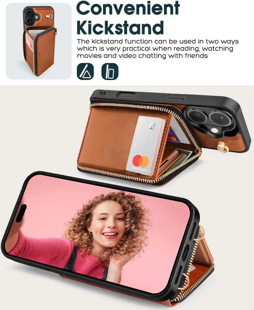OCASE Compatible with iPhone 16 Crossbody Wallet Case with Card Holder, PU Leather Zipper Handbag Phone Purse with RFID Blocking Kickstand Wrist Strap Lanyard 6.1 Inch, Brown