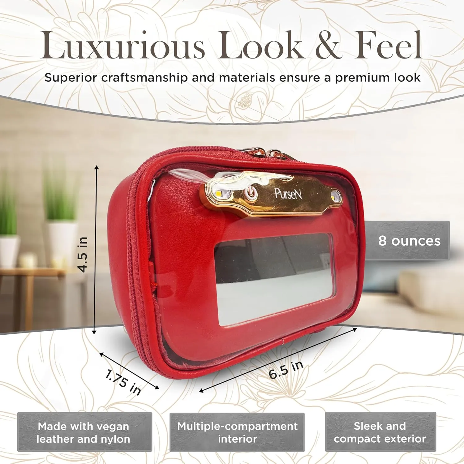 OFT 2024 LITTMINI Lighted Mirror Case - Small Makeup Bag with Detachable Mirror & Multiple Pouches for Organization - Vegan Leather, Mini Makeup Bag Ideal for Travel & Everyday Essentials (Red)
