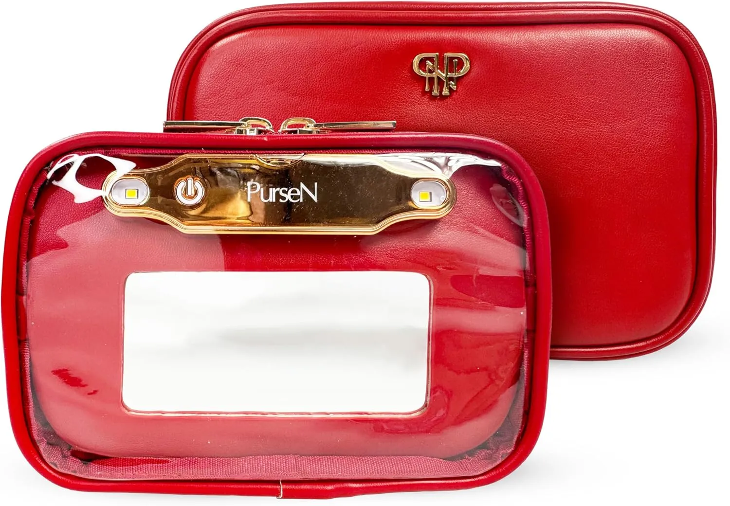 OFT 2024 LITTMINI Lighted Mirror Case - Small Makeup Bag with Detachable Mirror & Multiple Pouches for Organization - Vegan Leather, Mini Makeup Bag Ideal for Travel & Everyday Essentials (Red)