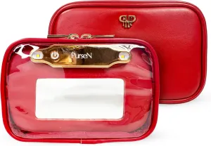 OFT 2024 LITTMINI Lighted Mirror Case - Small Makeup Bag with Detachable Mirror & Multiple Pouches for Organization - Vegan Leather, Mini Makeup Bag Ideal for Travel & Everyday Essentials (Red)
