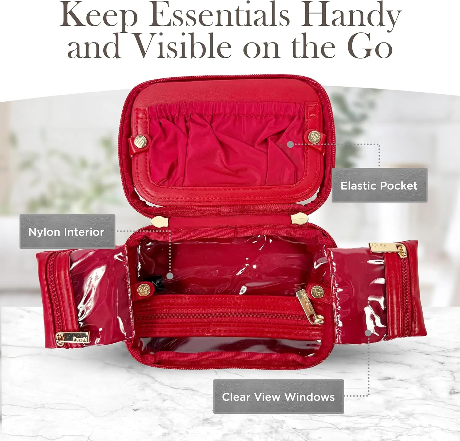 OFT 2024 LITTMINI Lighted Mirror Case - Small Makeup Bag with Detachable Mirror & Multiple Pouches for Organization - Vegan Leather, Mini Makeup Bag Ideal for Travel & Everyday Essentials (Red)