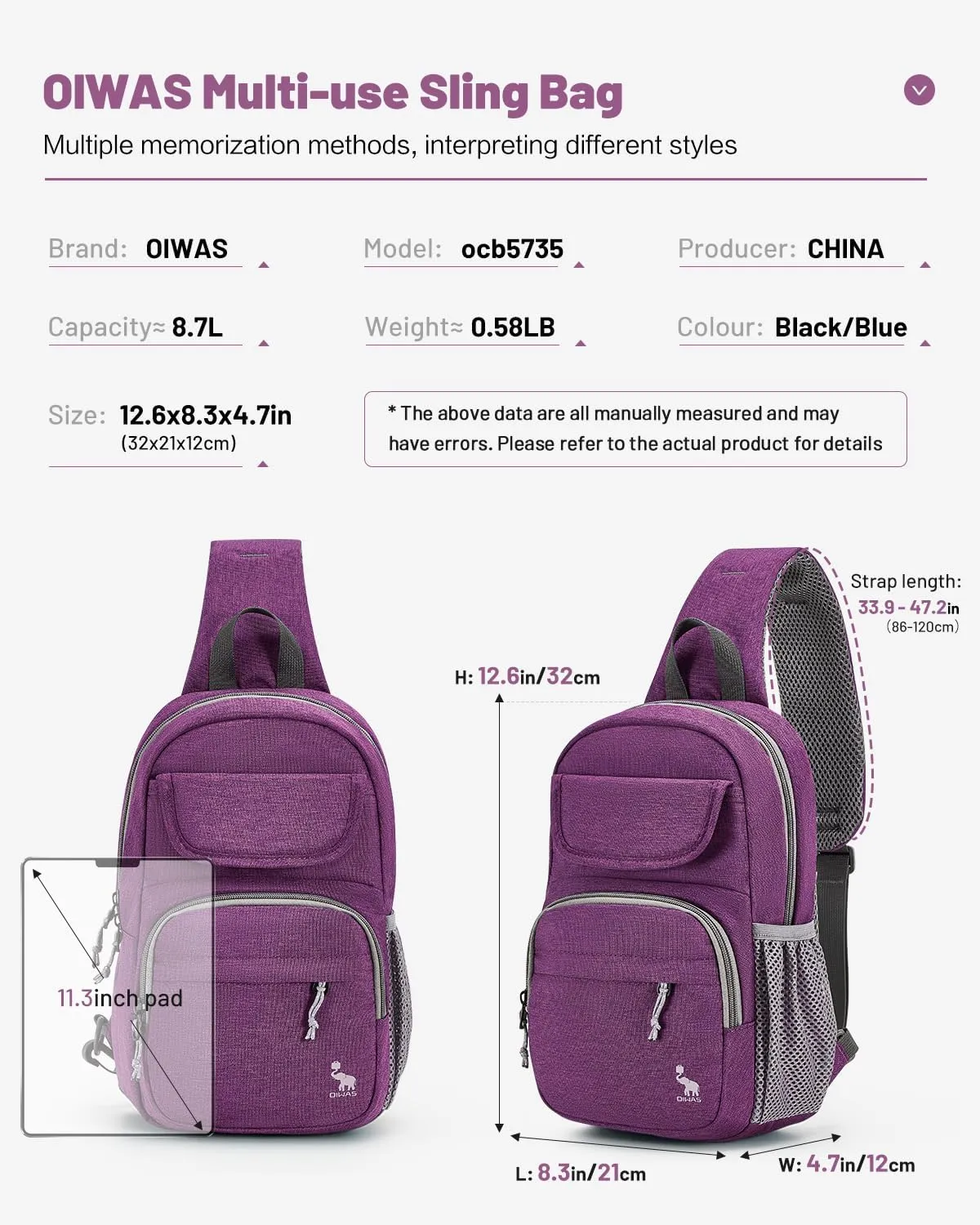 OIWAS Sling Bag Crossbody Backpack for Men, One Strap Backpack Hiking Daypack Chest Bag for Women