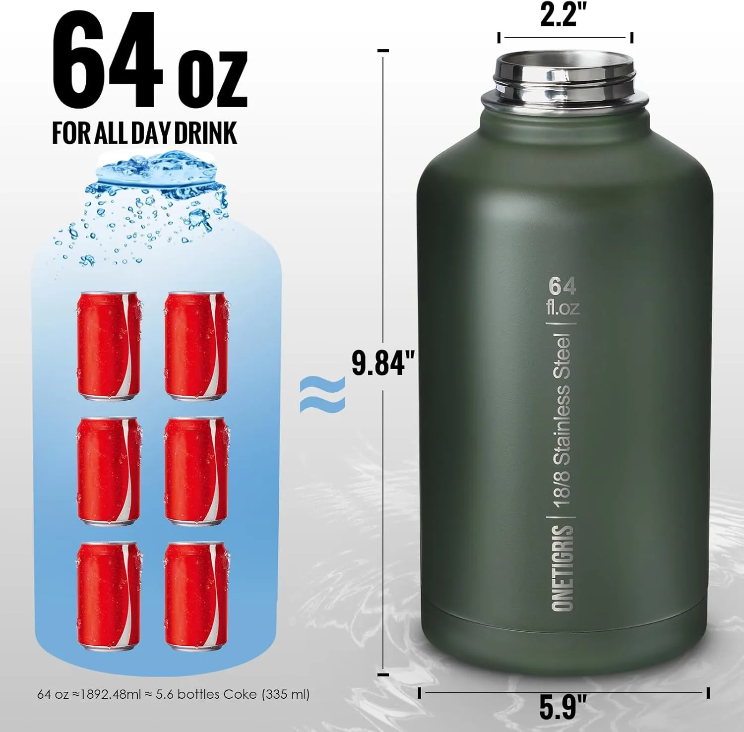 OneTigris Tactical Half Gallon Water Bottle with Straw - 64 oz Vacuum Insulated Stainless Steel Water Jug, Leakproof Sport Bottle with 3 BPA Free Lids, Paracord Handle & MOLLE Water Pouch for Outdoor