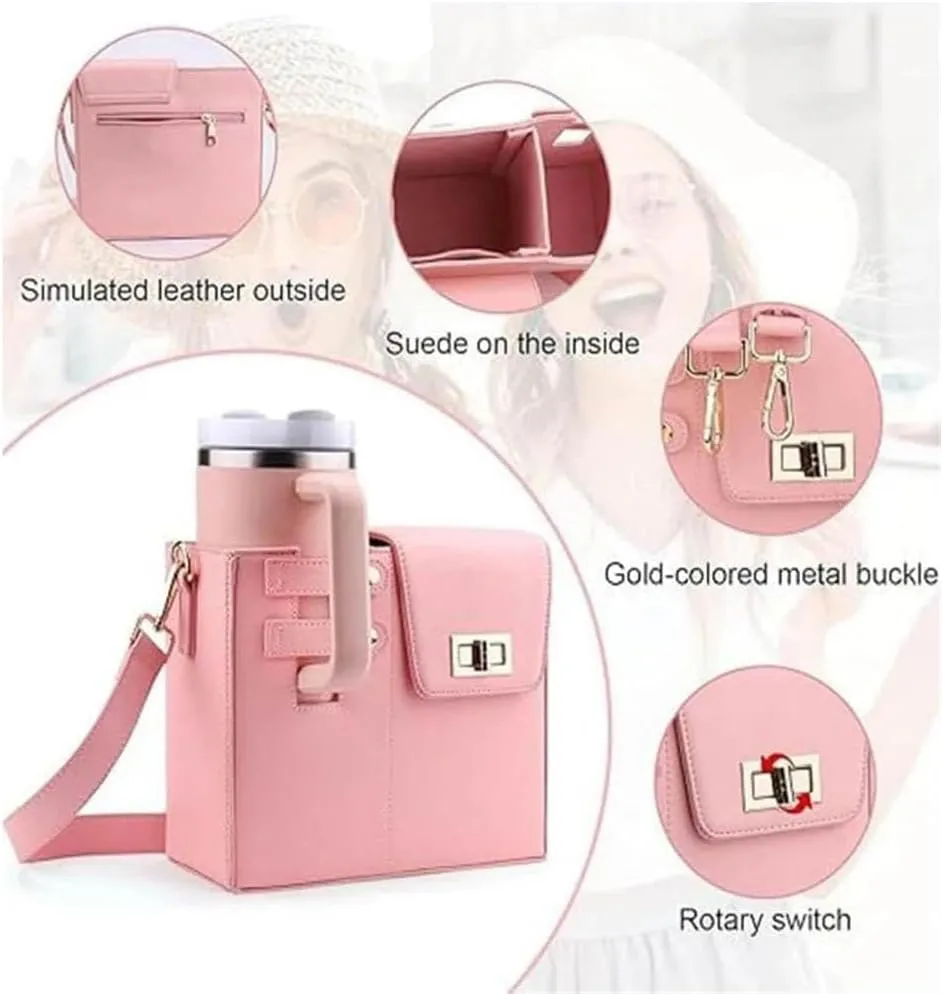 Outdoor Portable Crossbody Water Cup Storage Bag, Cup Holder Bag for Stanley Cup 40 Oz Tumbler, Water Bottle Holder Bag with 2 Adjustable Strap, Stanley Bag for Sports Hiking Travelling (Pink)