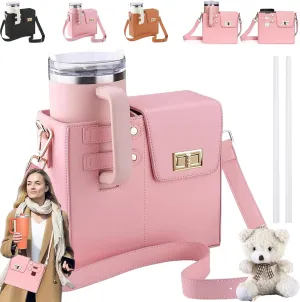 Outdoor Portable Crossbody Water Cup Storage Bag, Cup Holder Bag for Stanley Cup 40 Oz Tumbler, Water Bottle Holder Bag with 2 Adjustable Strap, Stanley Bag for Sports Hiking Travelling (Pink)