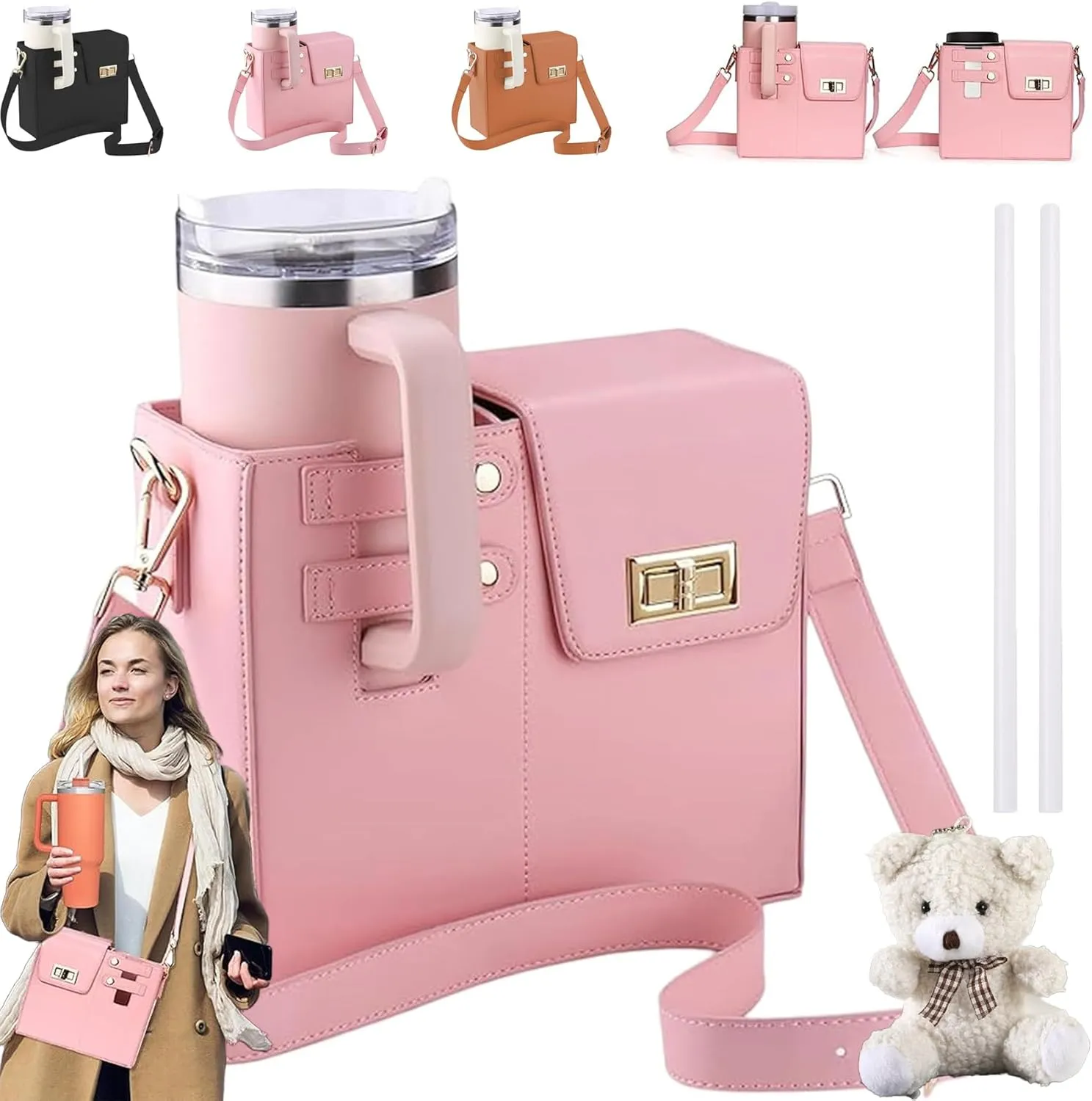 Outdoor Portable Crossbody Water Cup Storage Bag, Cup Holder Bag for Stanley Cup 40 Oz Tumbler, Water Bottle Holder Bag with 2 Adjustable Strap, Stanley Bag for Sports Hiking Travelling (Pink)
