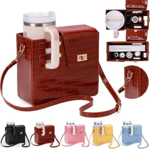Outdoor Portable Crossbody Water Cup Storage Bag,Wear-Resistant Water Bottle Bag for Stanley 40 oz Tumble (brown(PU))