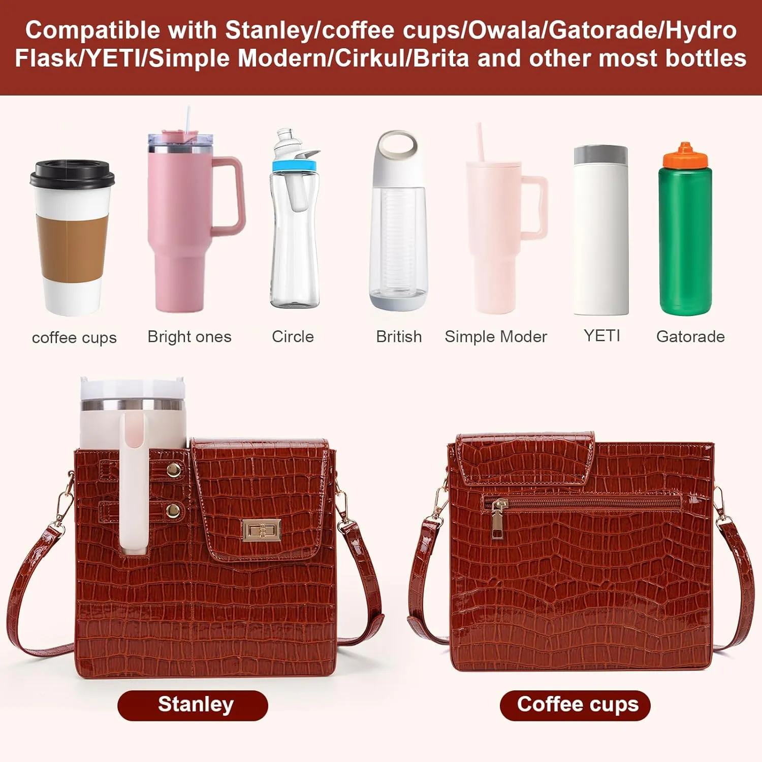 Outdoor Portable Crossbody Water Cup Storage Bag,Wear-Resistant Water Bottle Bag for Stanley 40 oz Tumble (brown(PU))