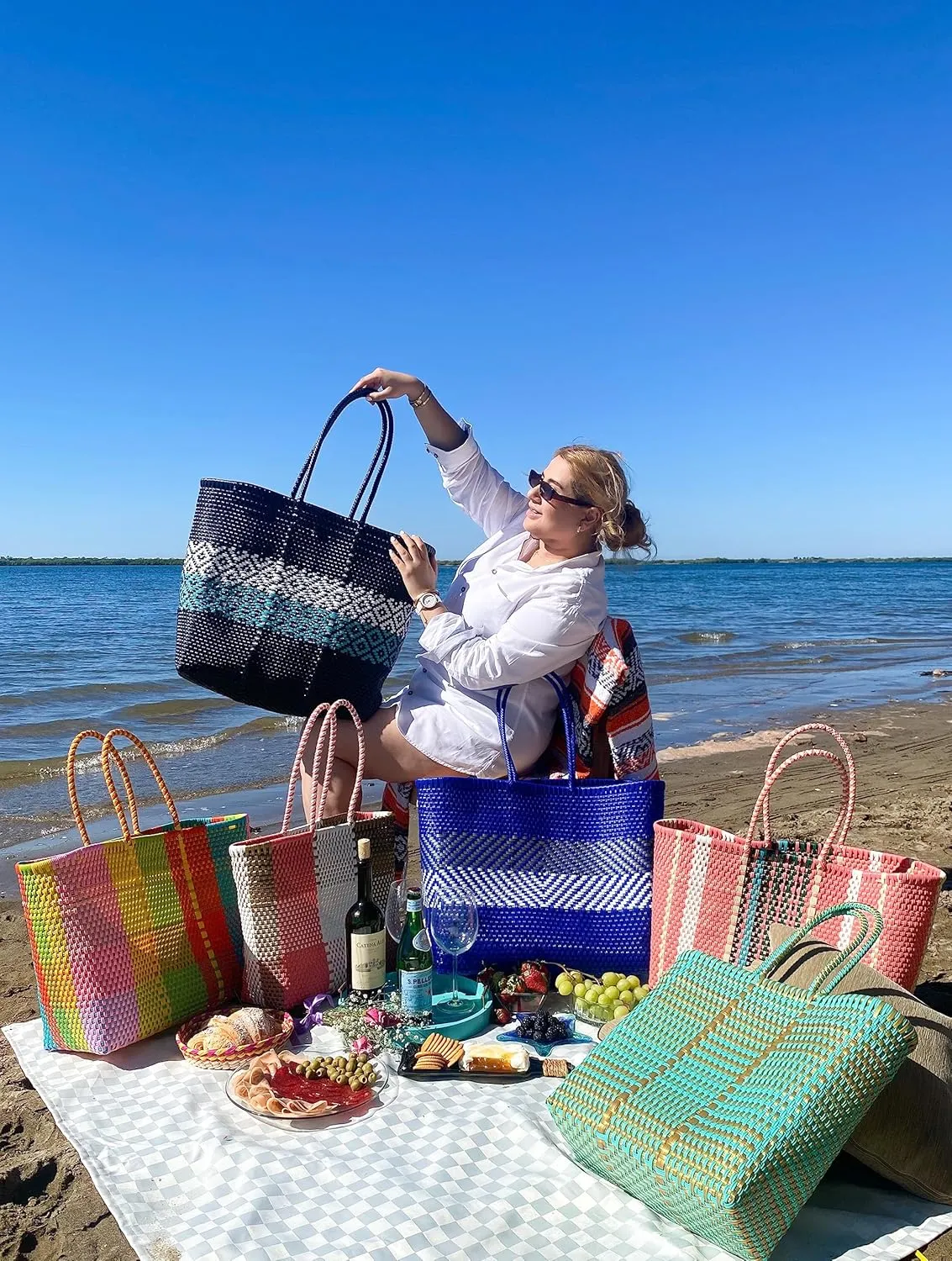 Oversized Plastic Large Handwoven Mexican Tote Beach Bag Water Resistant Ideal for Pool Vacation