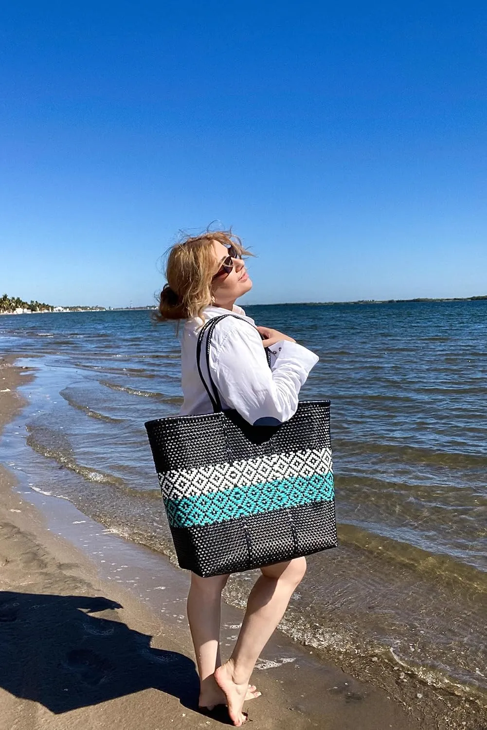 Oversized Plastic Large Handwoven Mexican Tote Beach Bag Water Resistant Ideal for Pool Vacation