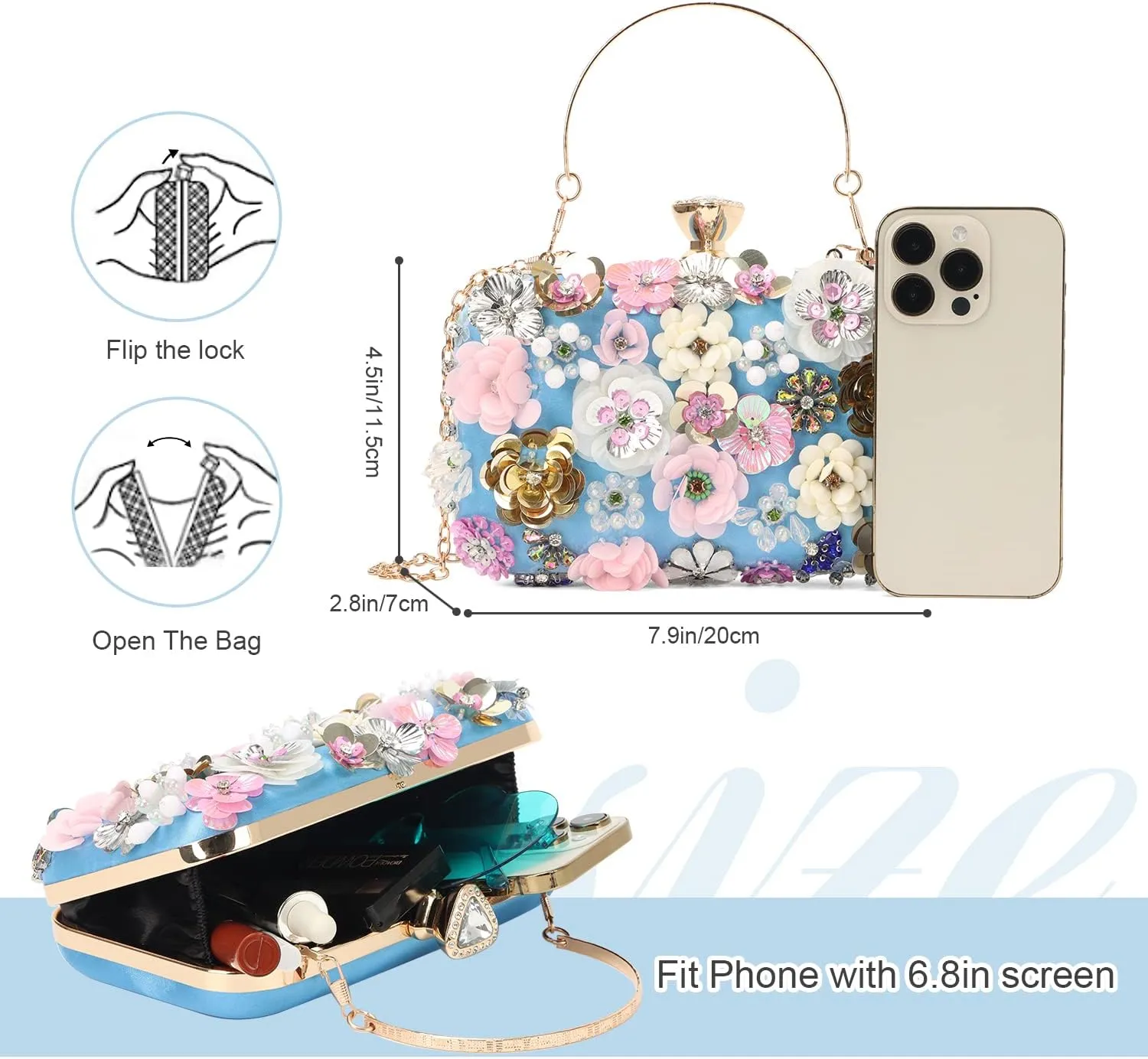 Oweisong 3D Flower Clutch Purses for Women Gold Formal Wedding Party Evening Bags Chain Floral Shoulder bag