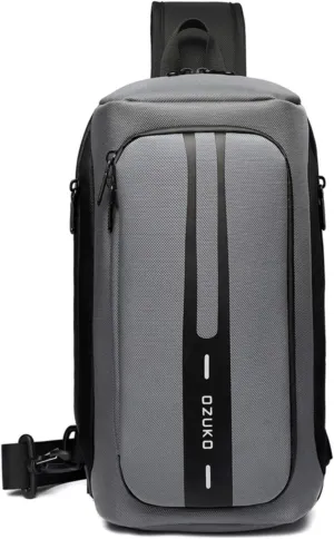OZUKO Men Sling Backpack Nylon Water Resistant Shoulder Chest Crossbody Sling Bag with USB Charging Port Black (Gray)