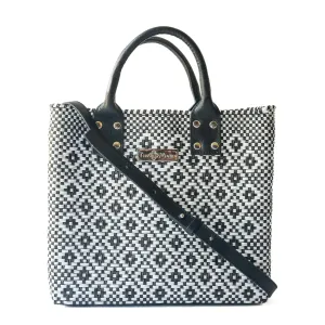 Panda Large Woven Crossbody Bag - Black Leather Handles & Crossbody Strap, Handwoven Recycled Plastic Purse, Oaxaca Mexican Woven Tote, Summer Bag, Work Bag, Everyday Purse