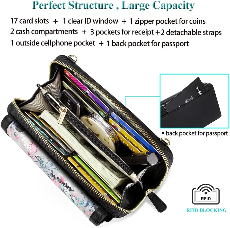 Peacocktion Crossbody Wristlet Wallets for Women RFID Vegan Leather Cross Body Cell Phone Purses with Zipper