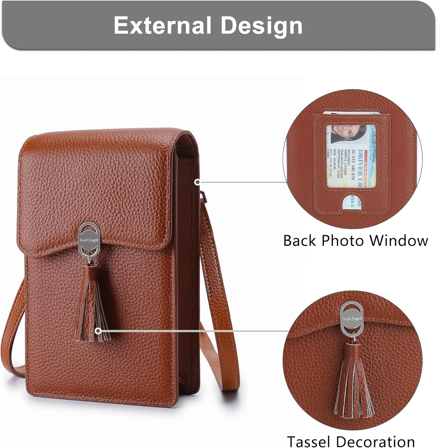Pearl Angeli Leather Crossbody Cellphone Bag for Women Small Phone Wallet Purse with Shoulder Strap