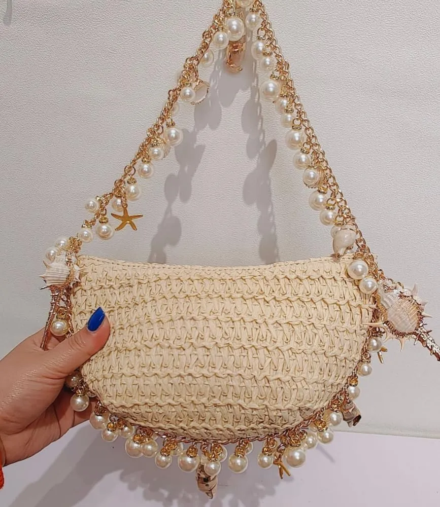 Pearl woven women's handbag: fashionable beach bag, women's shoulder crossbody bag, seaside style handbag