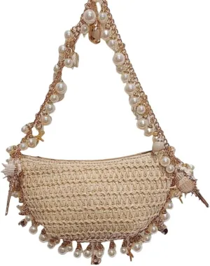 Pearl woven women's handbag: fashionable beach bag, women's shoulder crossbody bag, seaside style handbag