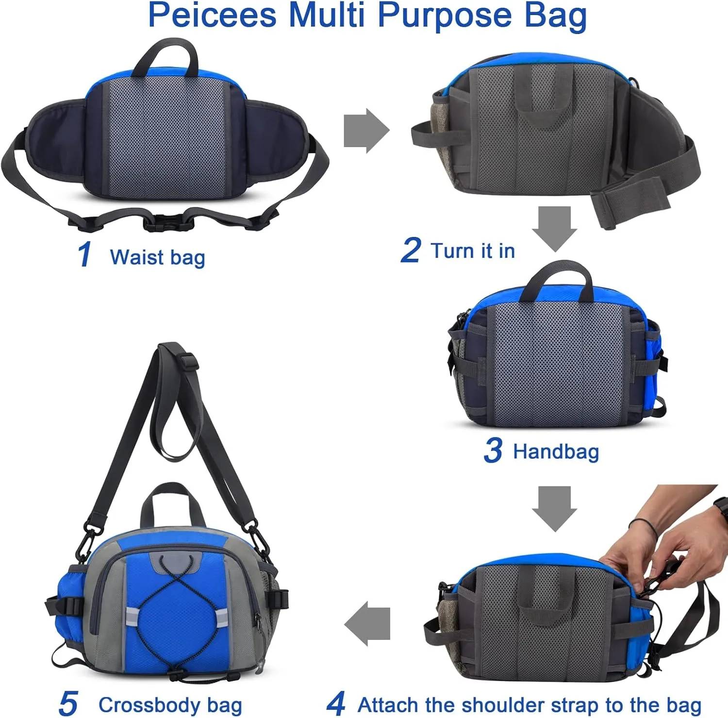 Peicees Hiking Fanny Pack Large Waist Bag for Men Women with Bottle Holder Water Resistant Lumbar Pack for Hiking Camping Fishing Outdoor (Bottle Not Included)