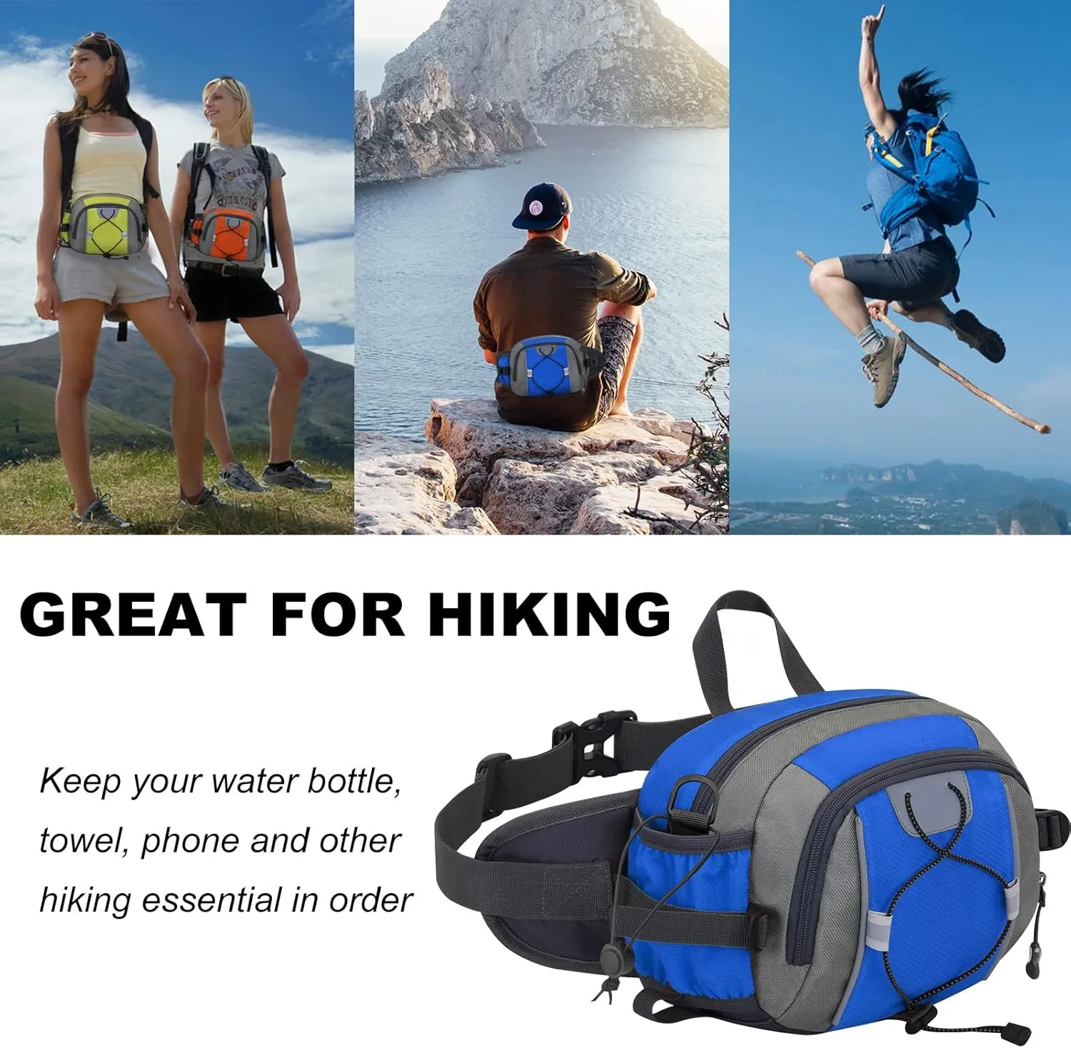Peicees Hiking Fanny Pack Large Waist Bag for Men Women with Bottle Holder Water Resistant Lumbar Pack for Hiking Camping Fishing Outdoor (Bottle Not Included)