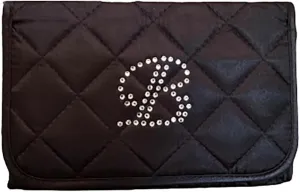 Personalized & Monogrammed Letter B in Rhinestone Crystals Travel Portable Purse Size Makeup Case Cosmetic Bag with Mirror, Quilted Satin Black
