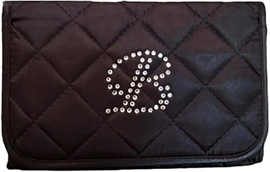 Personalized & Monogrammed Letter B in Rhinestone Crystals Travel Portable Purse Size Makeup Case Cosmetic Bag with Mirror, Quilted Satin Black