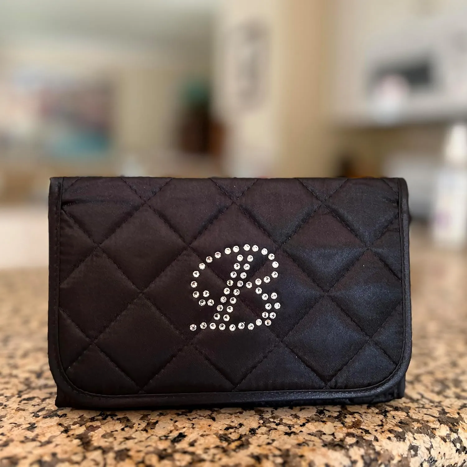 Personalized & Monogrammed Letter B in Rhinestone Crystals Travel Portable Purse Size Makeup Case Cosmetic Bag with Mirror, Quilted Satin Black