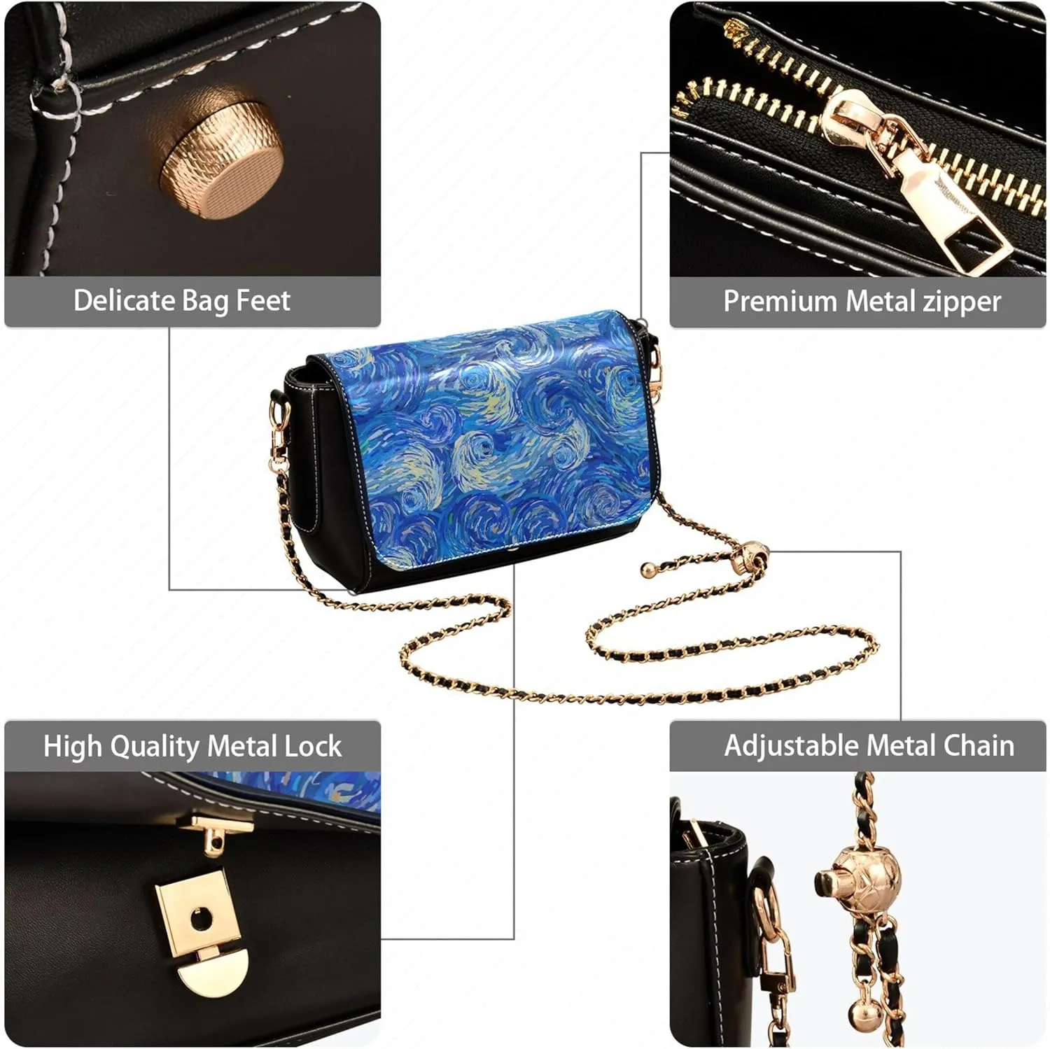 Pink Flowers PU Leather Shoulder Bag Black Women Crossbody Bag Purses Clutch Handbags with Chain Strap