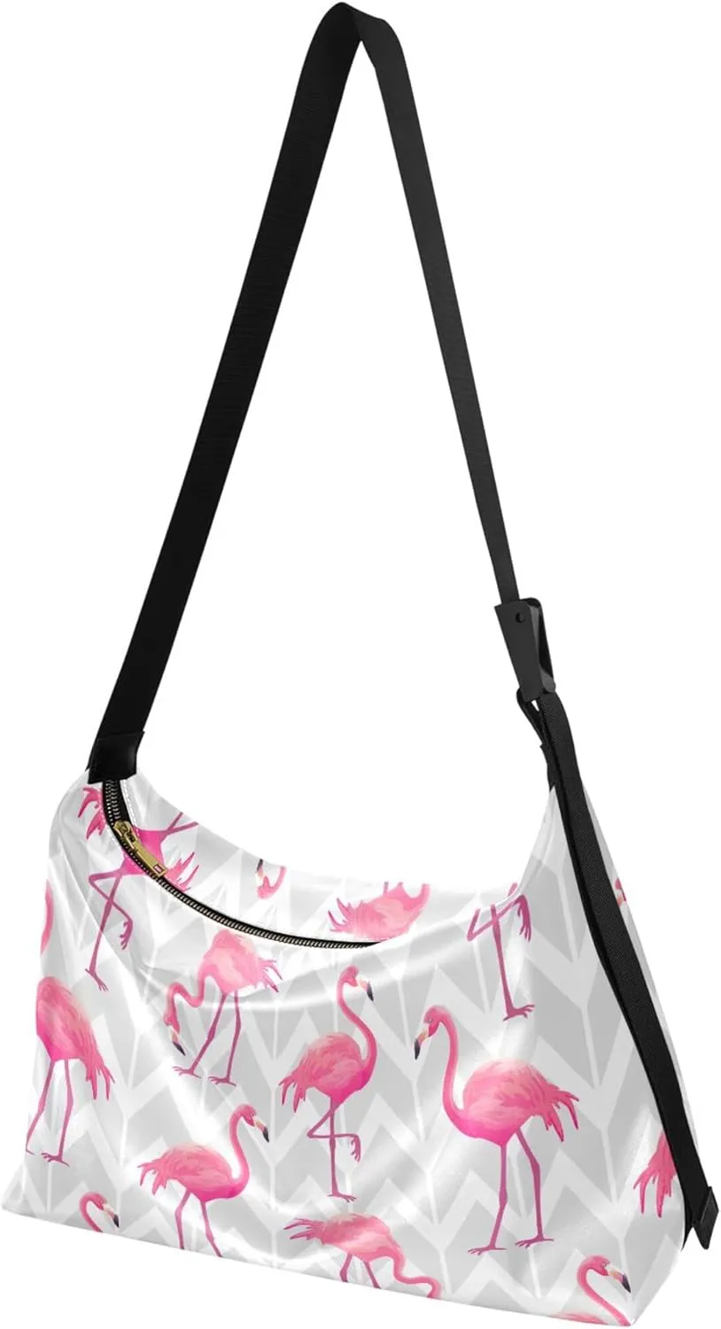 Pink Grey Tropical Flamingo Hobo Leather Bags for Women Leather Purse Men Luxury Animal Print Crossbody Hobo Bags