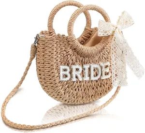 Pinkunn Bride Gift Bride Straw Purse Mrs Handwoven Bag Rhinestone Letter Bag Bachelorette Honeymoon Wedding Bridal Shower