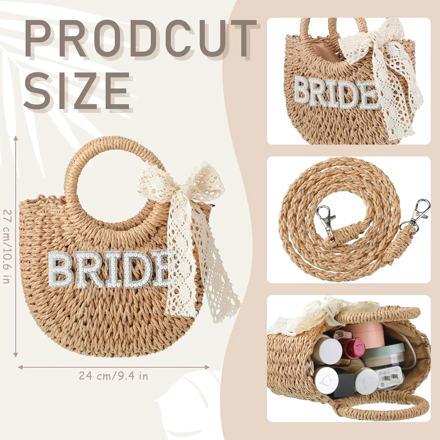 Pinkunn Bride Gift Bride Straw Purse Mrs Handwoven Bag Rhinestone Letter Bag Bachelorette Honeymoon Wedding Bridal Shower