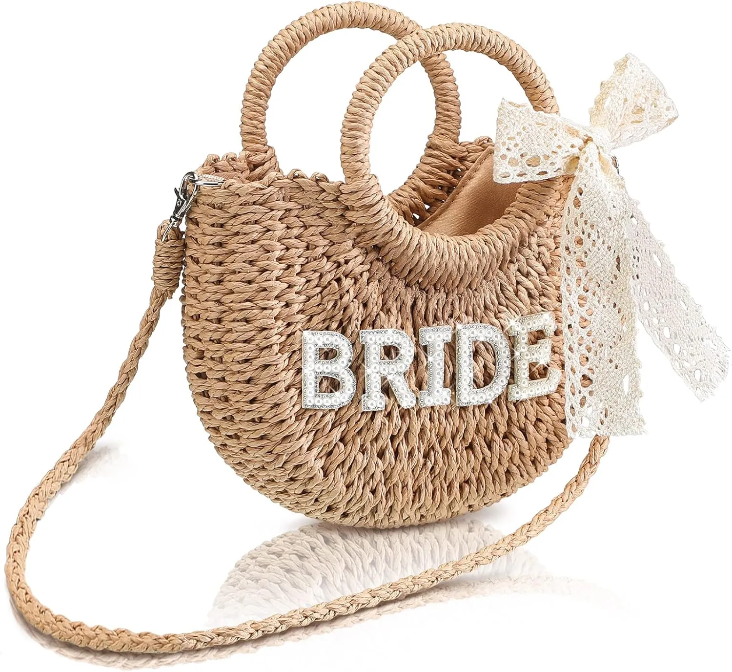 Pinkunn Bride Gift Bride Straw Purse Mrs Handwoven Bag Rhinestone Letter Bag Bachelorette Honeymoon Wedding Bridal Shower