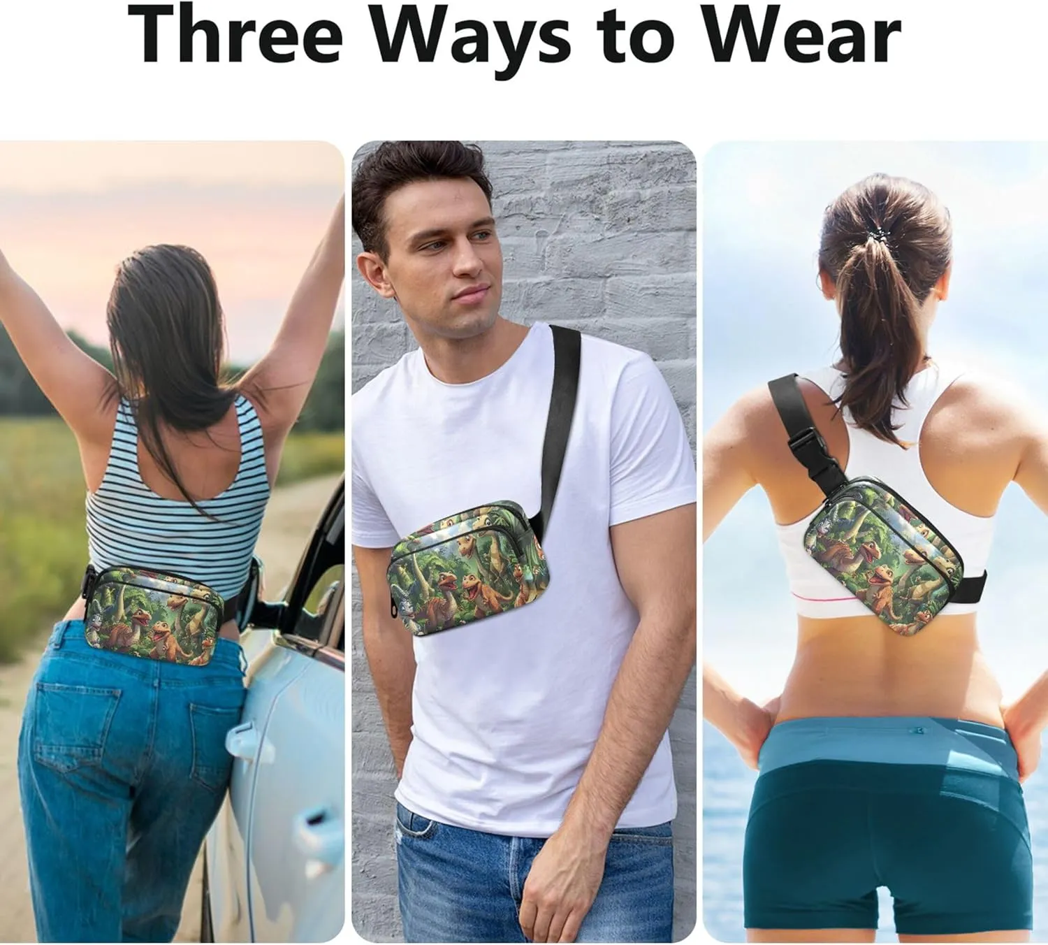 Playful Dinosaurs Prehistoric Forest Waterproof Fanny Pack for Women Hip Pouch Belt Bag Fashion Cross Body Waist Purse