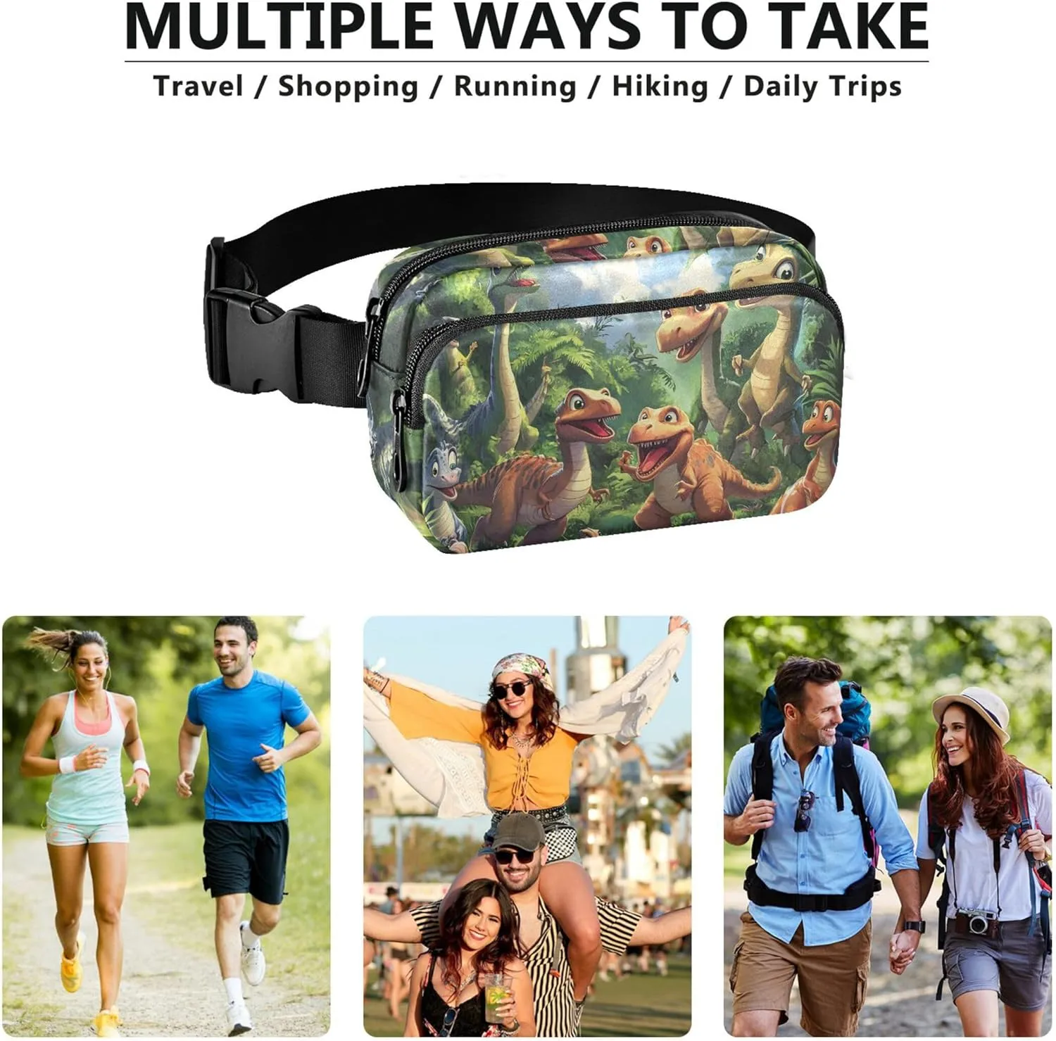 Playful Dinosaurs Prehistoric Forest Waterproof Fanny Pack for Women Hip Pouch Belt Bag Fashion Cross Body Waist Purse