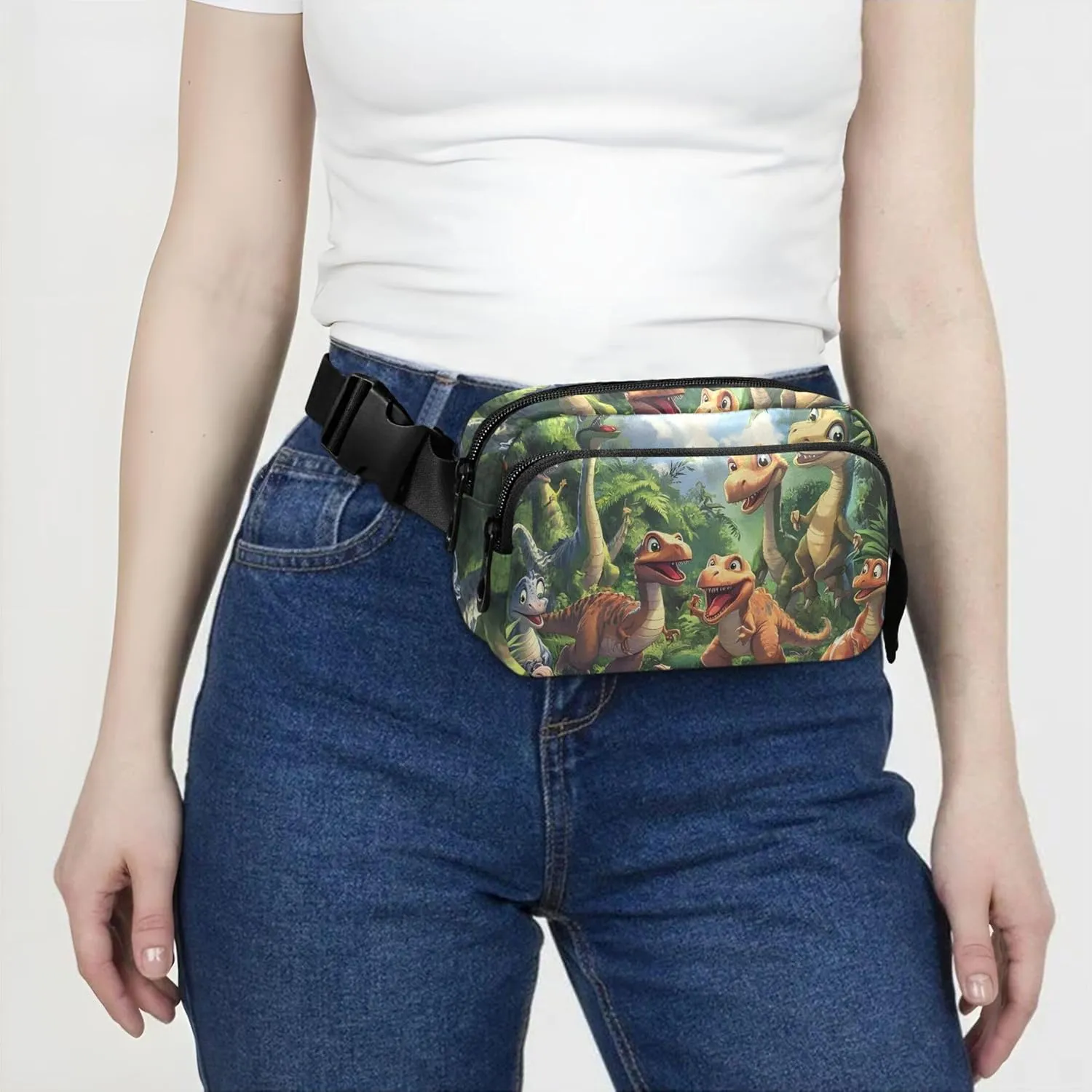 Playful Dinosaurs Prehistoric Forest Waterproof Fanny Pack for Women Hip Pouch Belt Bag Fashion Cross Body Waist Purse