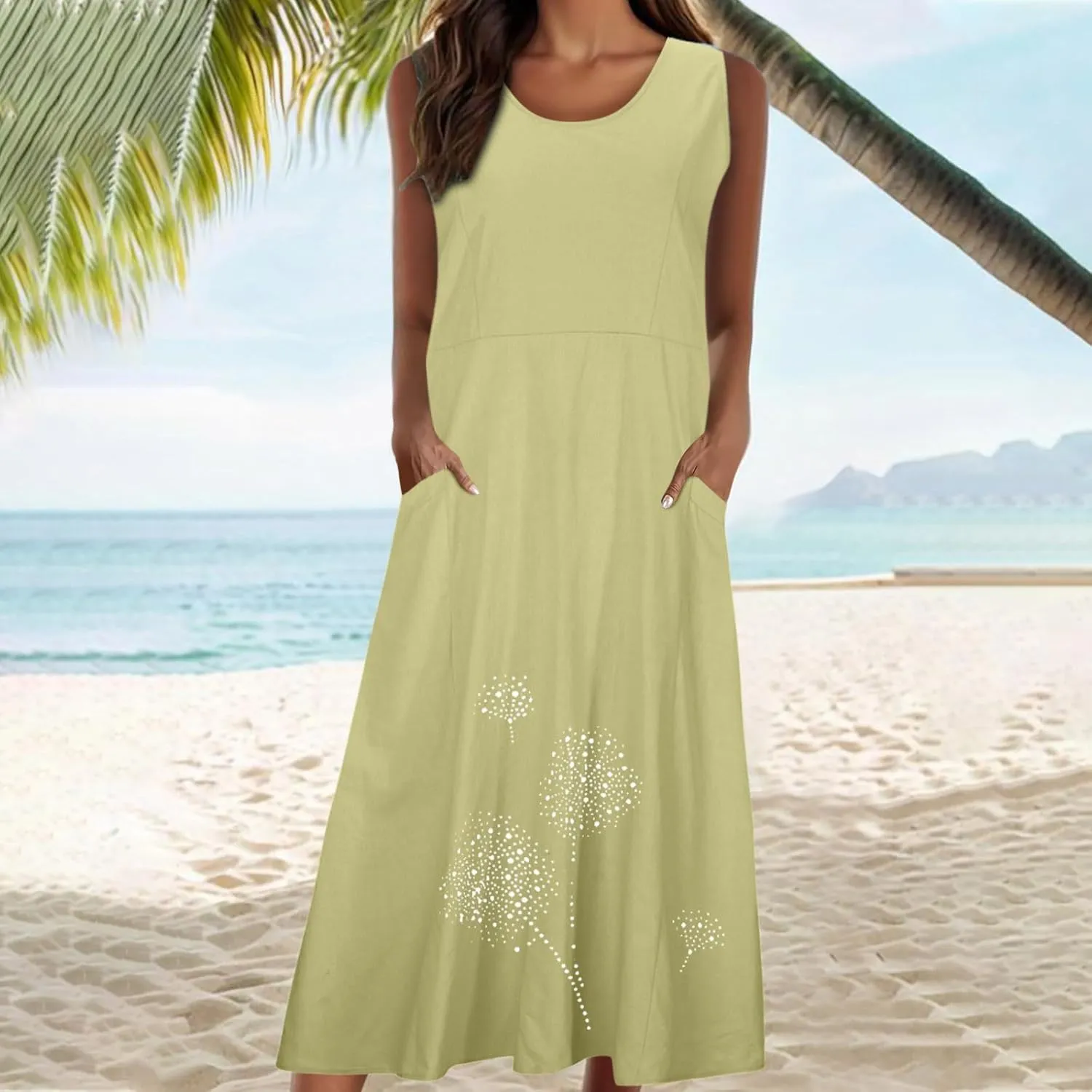 Printed Summer Dresses for Women Round Neck Pleated Sleeveless Pocket Vacation Dress Ladies Trendy Spring Dress