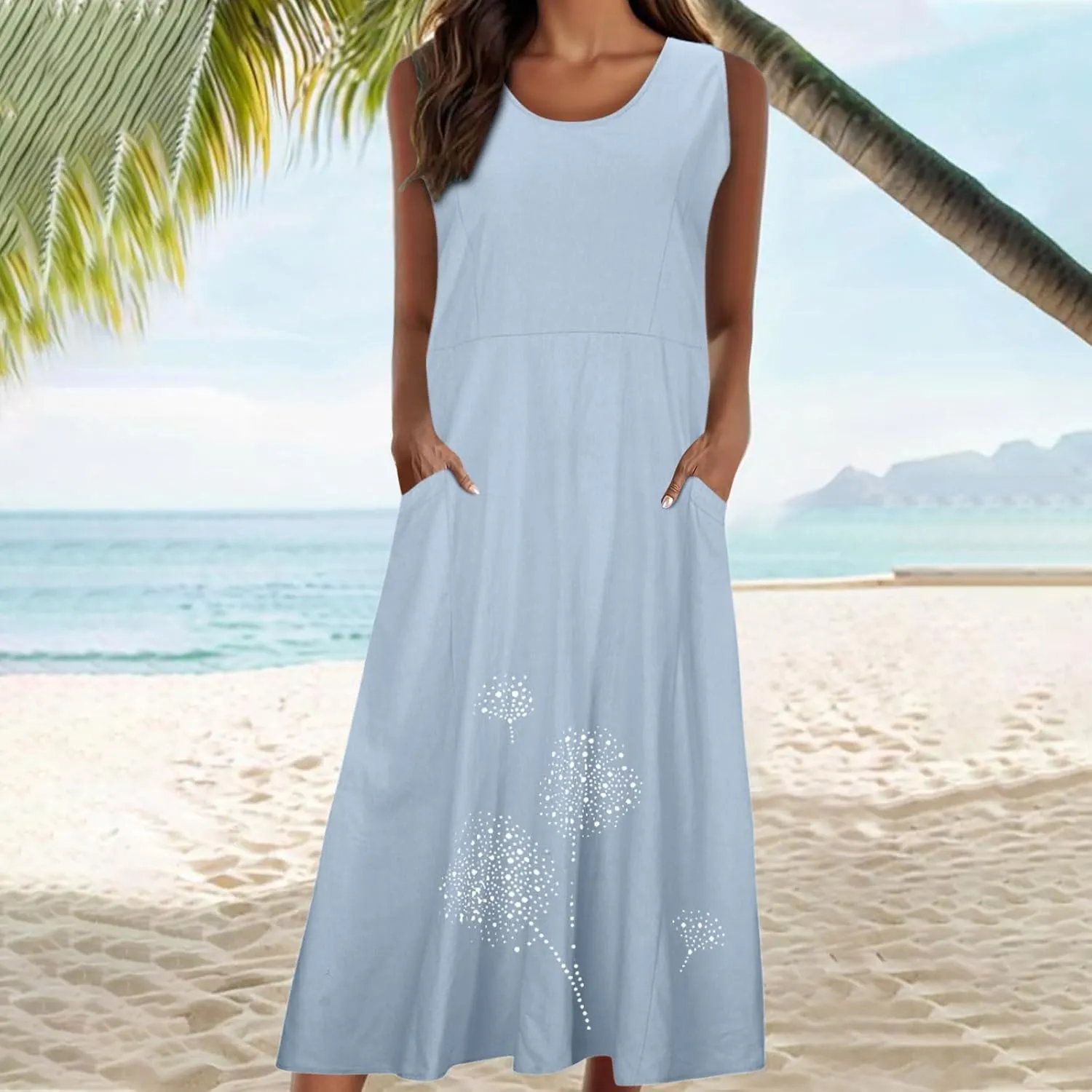 Printed Summer Dresses for Women Round Neck Pleated Sleeveless Pocket Vacation Dress Ladies Trendy Spring Dress