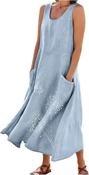 Printed Summer Dresses for Women Round Neck Pleated Sleeveless Pocket Vacation Dress Ladies Trendy Spring Dress