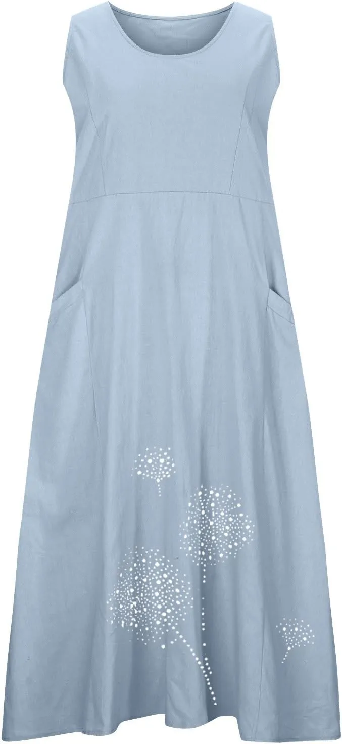 Printed Summer Dresses for Women Round Neck Pleated Sleeveless Pocket Vacation Dress Ladies Trendy Spring Dress