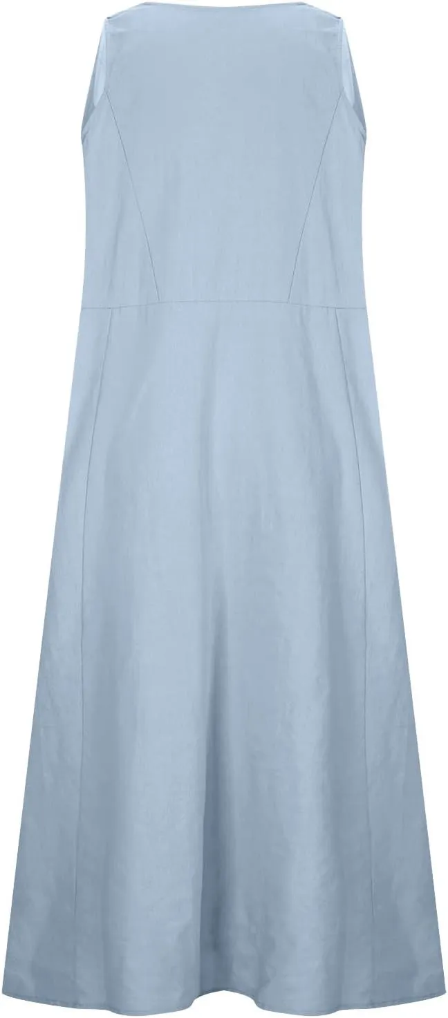 Printed Summer Dresses for Women Round Neck Pleated Sleeveless Pocket Vacation Dress Ladies Trendy Spring Dress