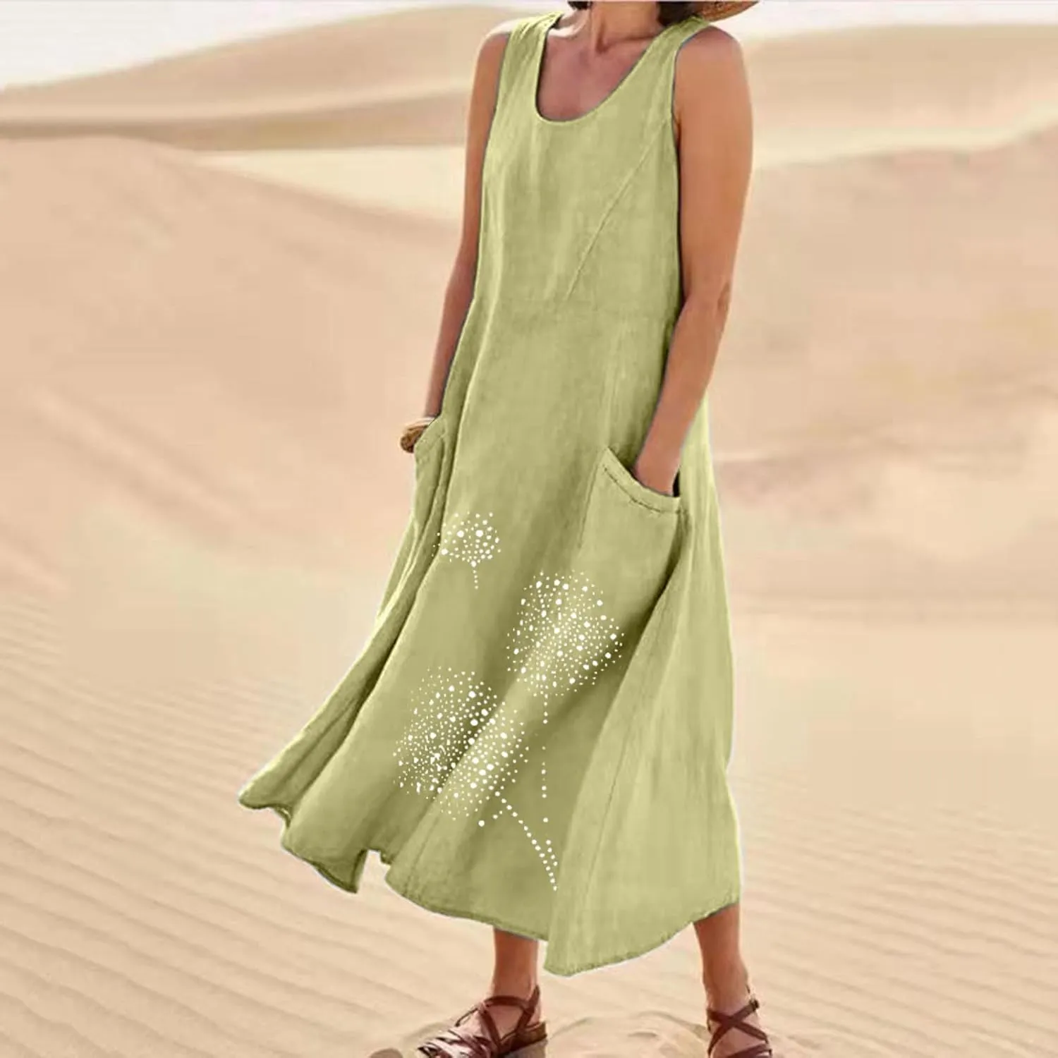 Printed Summer Dresses for Women Round Neck Pleated Sleeveless Pocket Vacation Dress Ladies Trendy Spring Dress